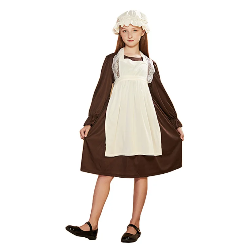 Pilgrim Costume for Girls Colonial Girl Costume Dress Round neckline for Halloween Cosplay Costumes