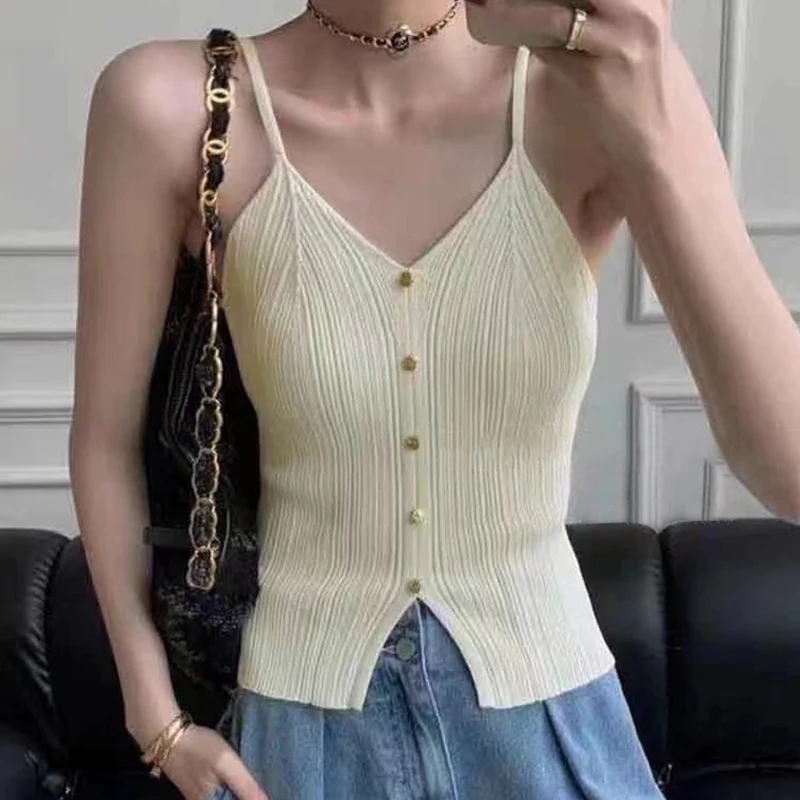 

Solid Off Shoulder Knitted Tank Top Elegant Casual Slim Sleeveless Top Sexy Backless Halter Vest Stretch Camisole Summer