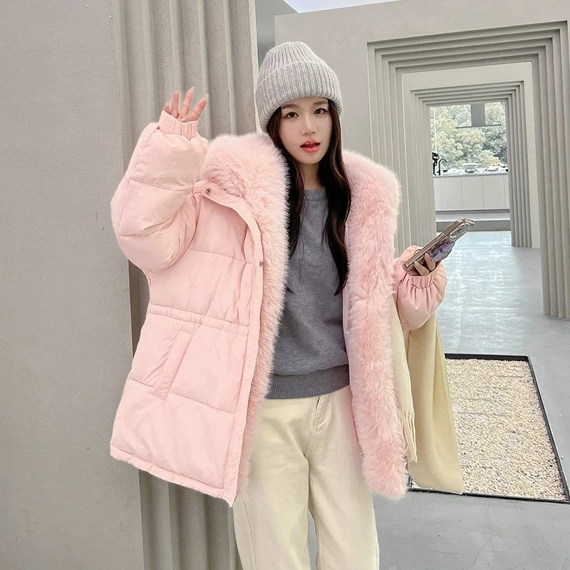 

Detachable Large Fur Collar Down Cotton Jacket 2025 New Warm Thicken Cotton Coat Waist Fur Parka Winter Loose Hooded Outwear