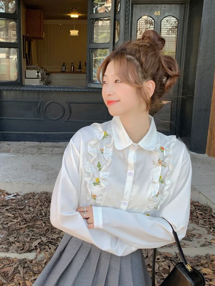 

Милые рубашки с цветочным принтом и оборками, женские корейские свободные модные блузки с длинными рукавами, повседневные женские весенние элегантные топы с вышивкой