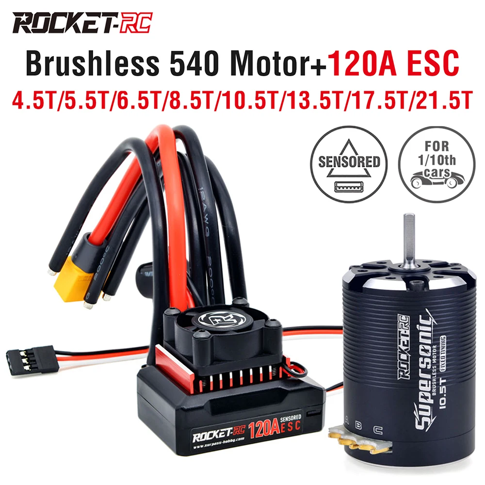 Rocket-RC Supersonic Sensored Brushless 540 4.5T 5.5T 6.5T 8.5T 10.5T 13.5T 17.5T 21.5T Motor and 120A ESC Combo for 1/10 RC Car