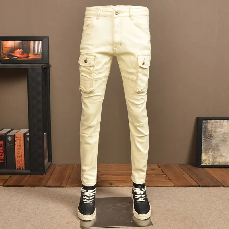 Street Fashion Men Jeans Beige White Stretch Slim Fit Spliced Designer Biker Jeans Men Big Pockets Designer Hip Hop Denim Pants