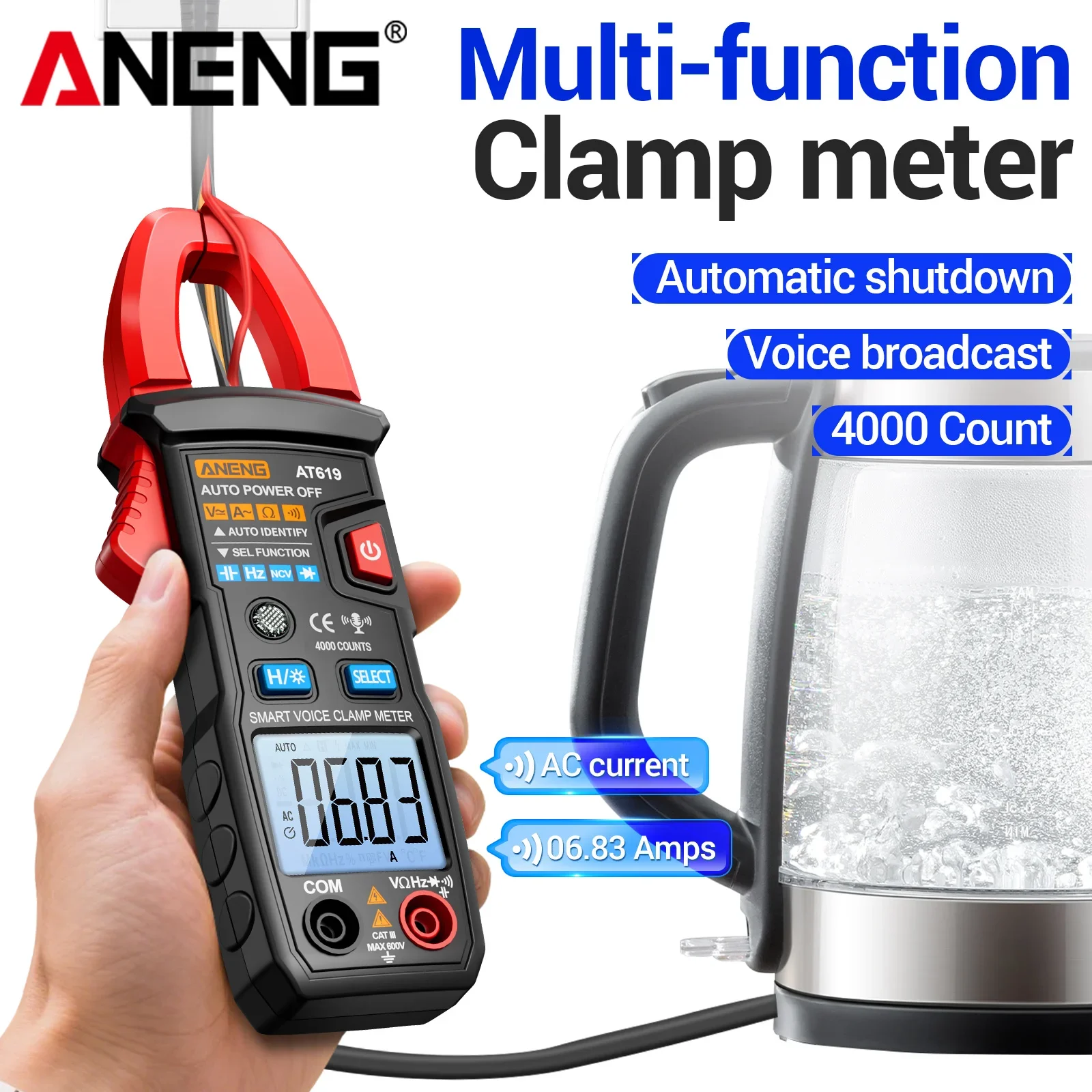 ANENG AT619 Digital Clamp Meter Voice Broadcast 4000 Counts NCV AC DC 600V 600A Diode Beep Backlight Auto Off Electrician Tester