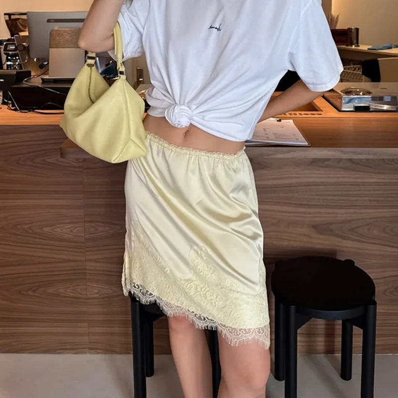 

Ticketsx Fashion Satin Mini Skirt Women Solid Lace Patchwork High Waist Skirt Autumn Elegant Female Party Clubwear Skirt Outfits