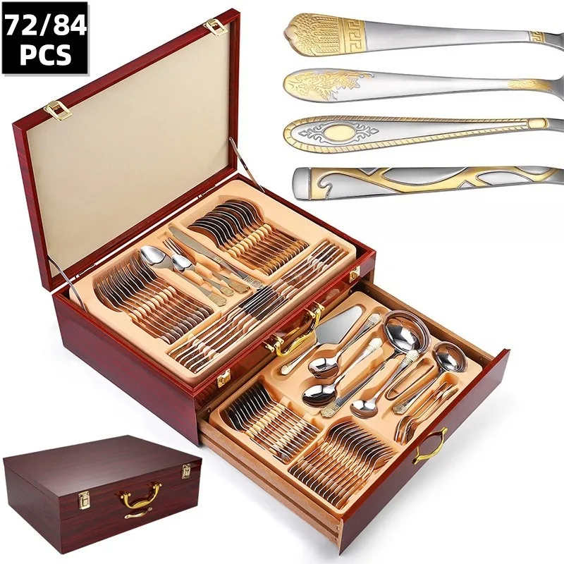 Stainless steel tableware 72/84 piece set, steak fork spoon set, western food hotel gift box