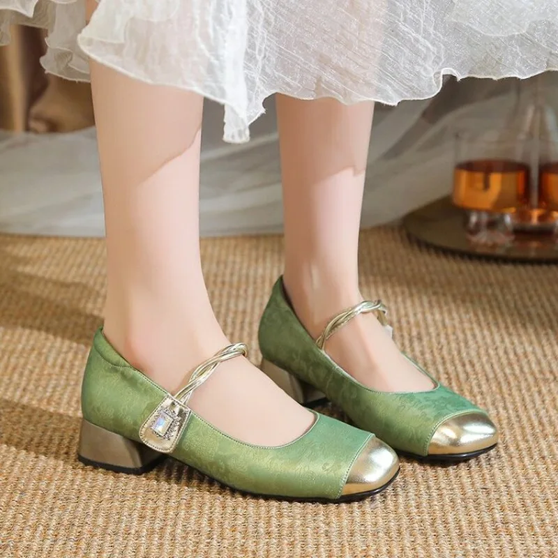 

Туфли Мэри Джейн с квадратным носком, женские туфли 2025, новые женские туфли на высоком массивном каблуке, модные разноцветные туфли-лодочки, женские туфли на среднем каблуке