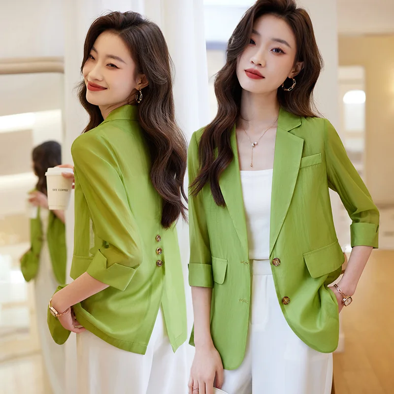 

Green Suit Jacket Women's Summer Small Elegant 3/4 Sleeves Ice Silk Thin Type Sunscreen Small Suit Casual Top