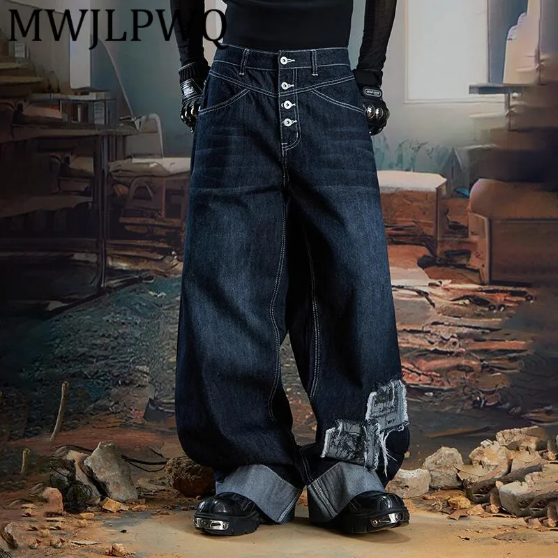

MWJLPWQ Niched Design Лоскутные джинсы с несколькими пуговицами, мужские свободные модные прямые широкие топы с нашивкой High Street 11949