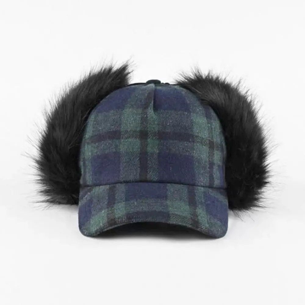 Versatile Faux Fur Pilot Hat Lining Plaid Pattern Baseball Caps Foldable Warm Insulation Bomber Cap for Men & Women