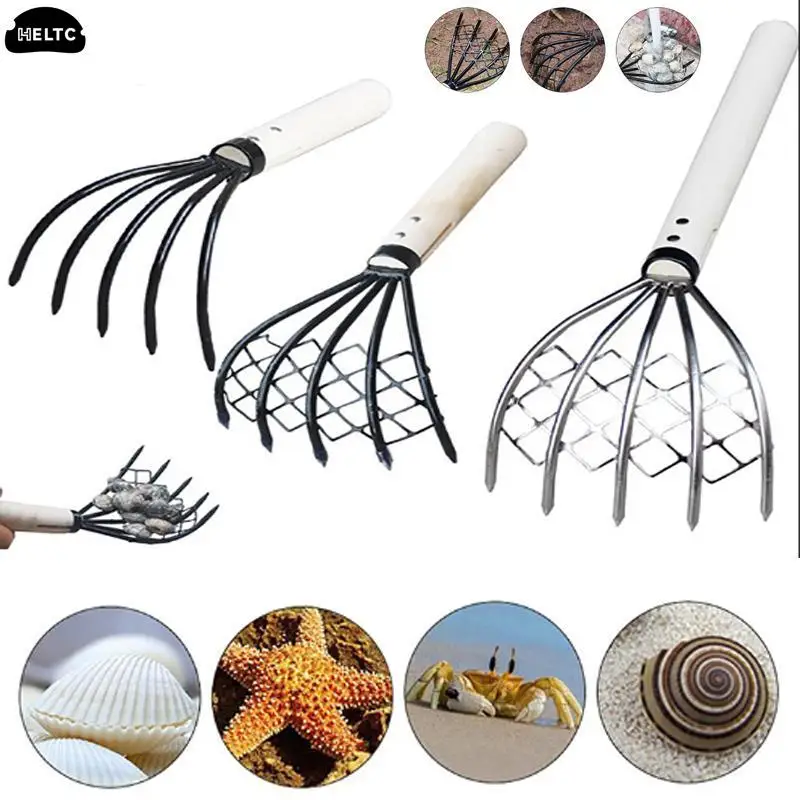 Clam Rake With Net 5 Claw Wood Handle Rake Shell Digging Tool Dig Seafood Toos Weeding Farming Tool Wood Handle Pitchfork New