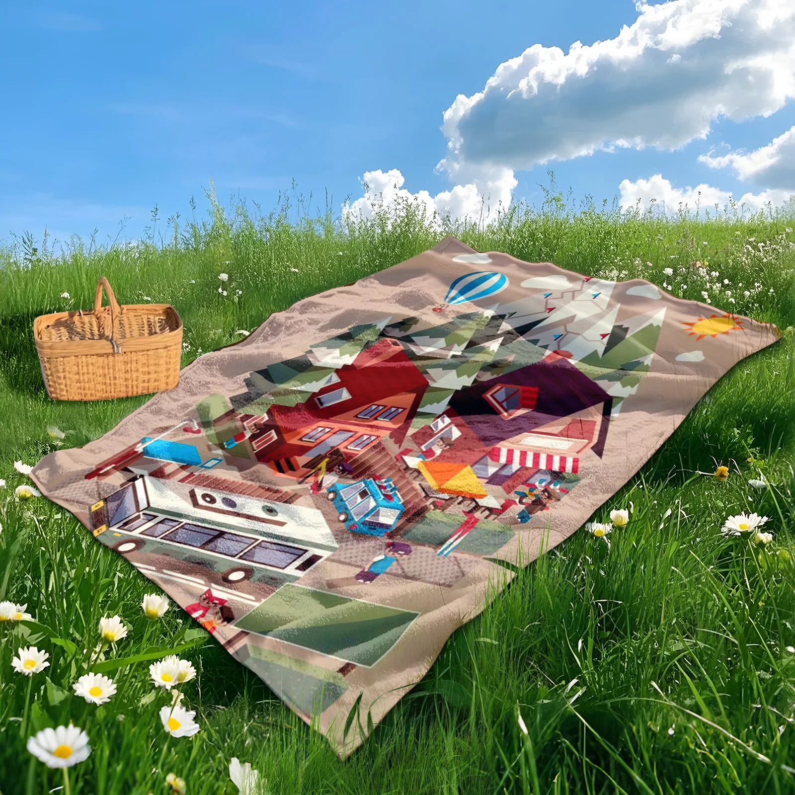 Manta al aire libre con casas, árboles, globos y montañas, diseño para picnics, acampar y aventuras al aire libre en la naturaleza