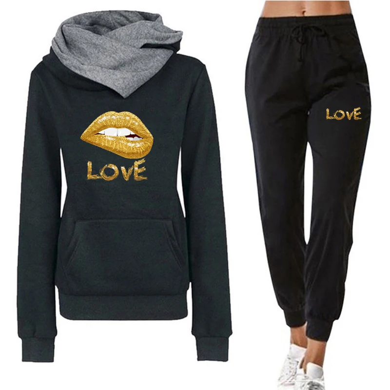 

Women Tracksuit 2 Pieces Set LOVE Print Sweatshirts Hooded and Elastic Waist Jogger Sweatpants Autumn Winter Suit Female Outfits