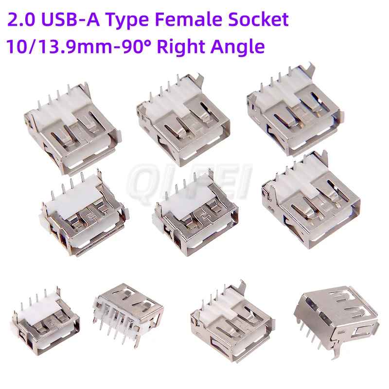 

10PCS USB 2.0 A Type Female Socket 4Pin Right Angle USB-A Type Transmission Charging PCB Socket Connector Straight/Curved Foot