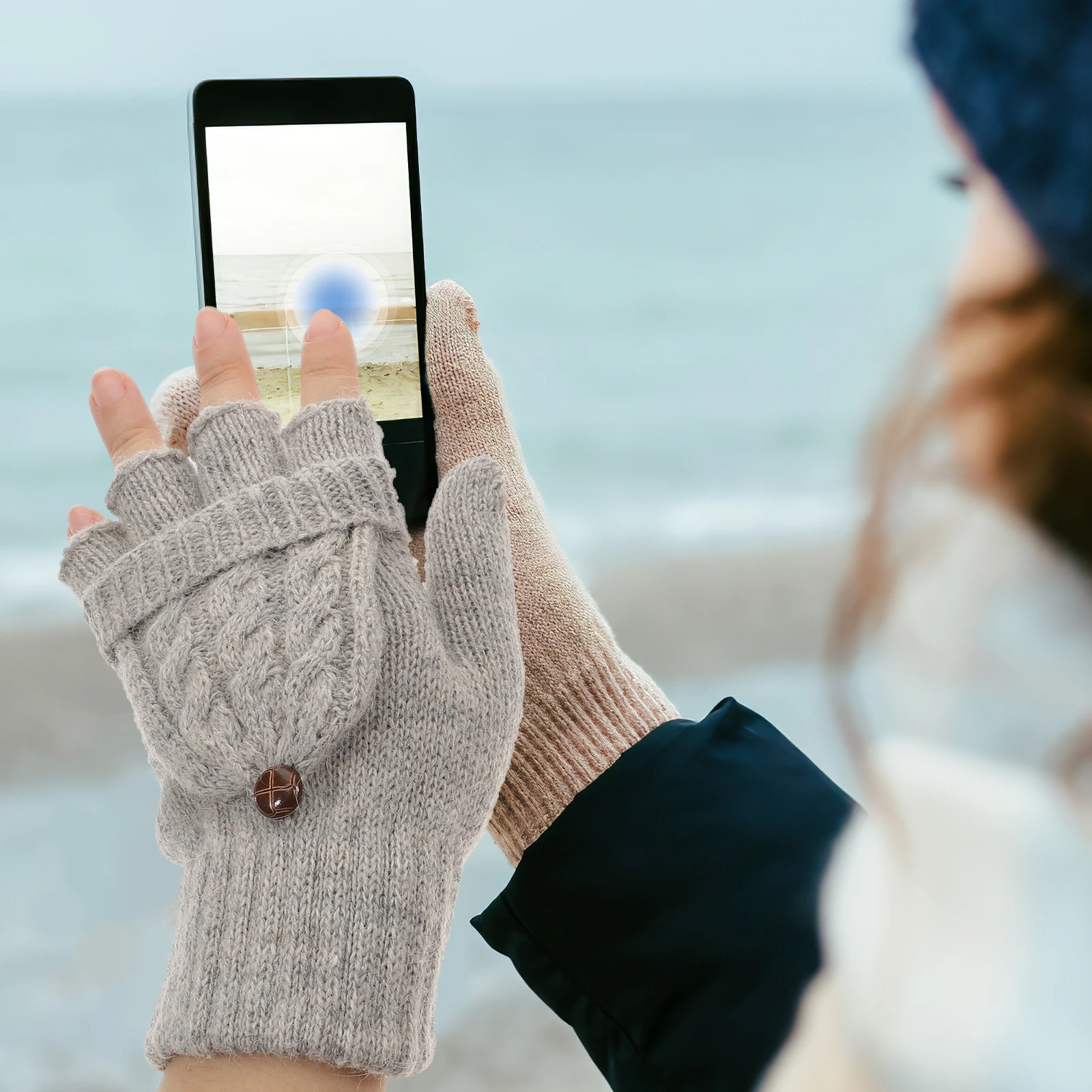 

Convertible Beige Warm Wool Knitted Fingerless Gloves With Mitten Cover For Women Cycling Protection