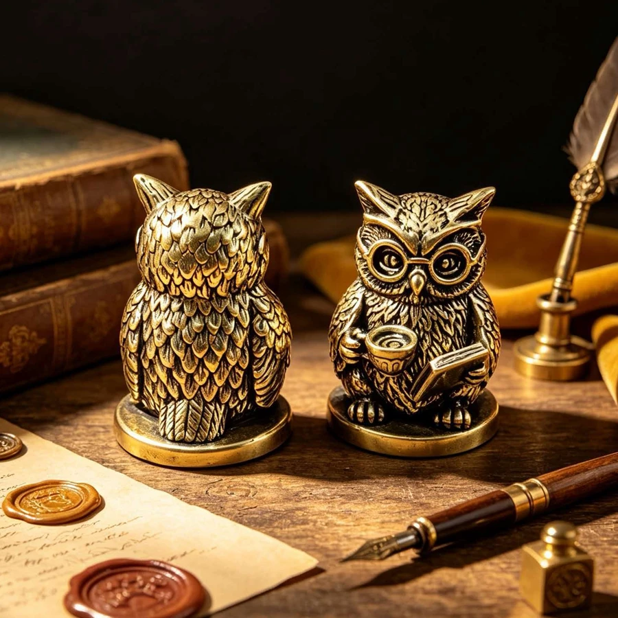 Vintage Brass Owl Figurine for Reading Documents, Exquisite Three-Dimensional Relief Craftsmanship, Creative Statue with Glasses and Coffee Cup, Decorative Craft for Study Desk, Artistic Niche Collection for Office Desk Display, Symbolizing Wisdom and Good Fortune, Tea Table and Entryway Decoration, European Retro Texture, Clear and Fine Details, Compact and Aesthetically Pleasing, Ideal Holiday Gift, Window Display Decoration, Artistic Small Collection Piece, Unique and Special Commemorative Decoration