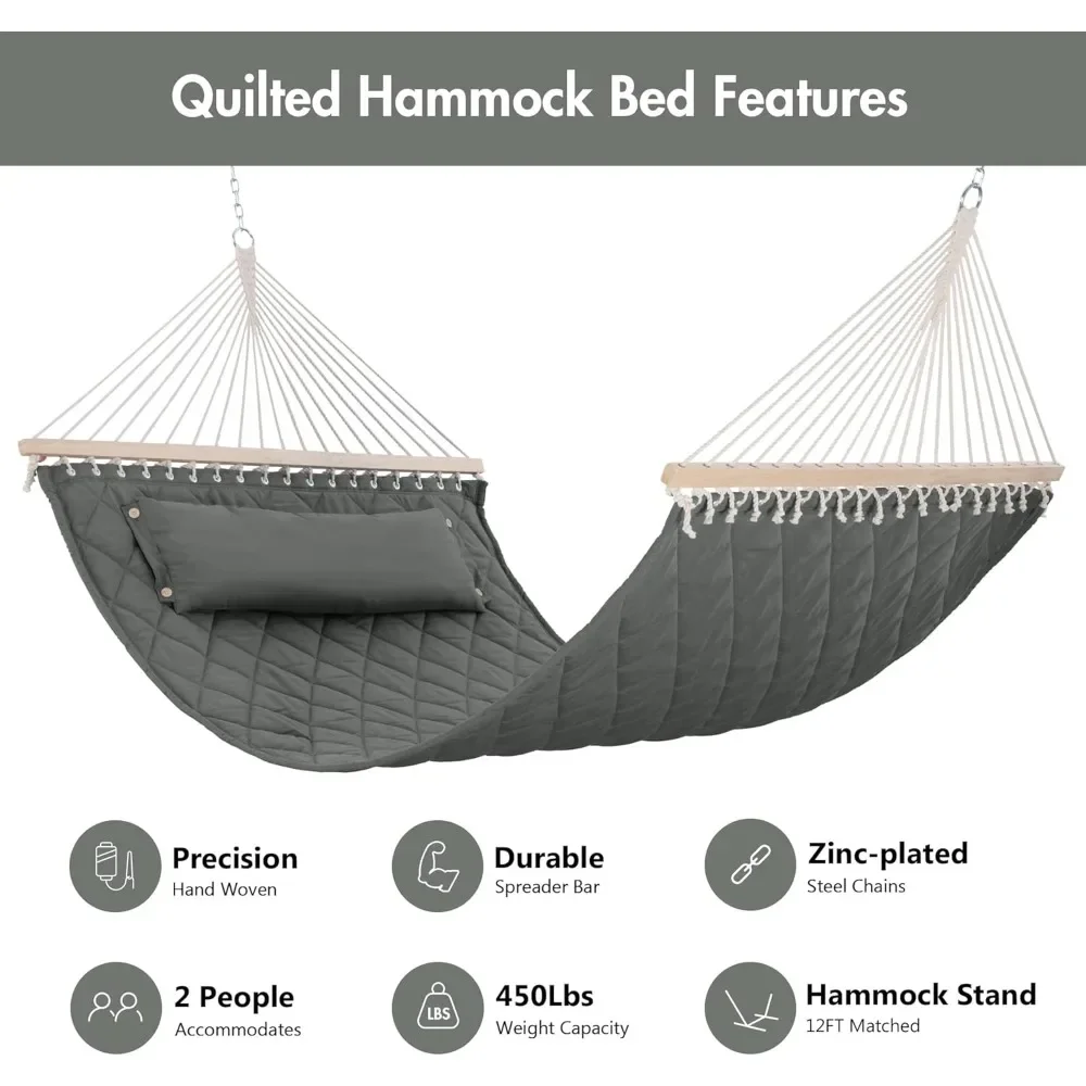 2 Person Hammock with Spreader Bars and Detachable Pillow, Quilted Hammock for Outdoors Indoors, 450 LBS Weight Capacity, Gray