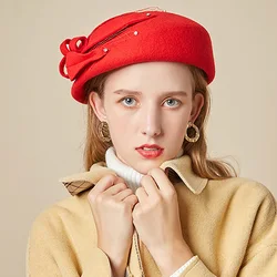 Women Winter Beret Fascinator Hat Pearls Veil Flower Pillbox Hats Vintage Style Ladies Wool Felt Fedoras Derby Party Church Hat