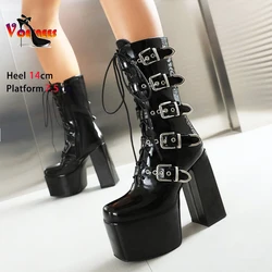 Size 43 Mid-Calf Boots Black Lace-up Buckle Square Toe Platform Boots PU Leather 14CM Chunk Heels Gothic INS Women Shoes Botas