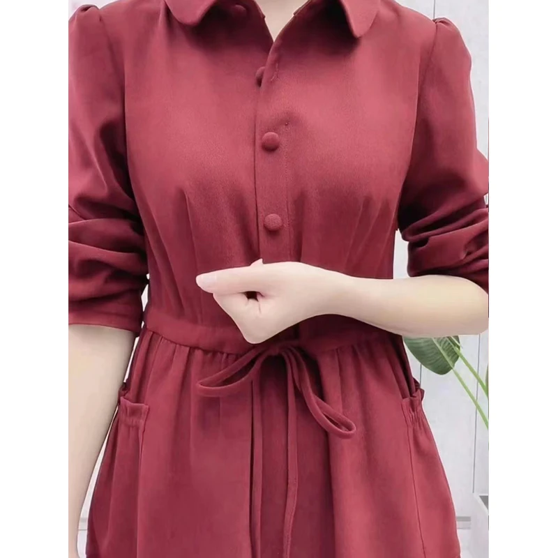 Women Vintage Fashion High Waist Lace-up Pockets Elegant Dresses Spring Autumn Ladies Solid Long Sleeve Slim Midi Dress Vestidos