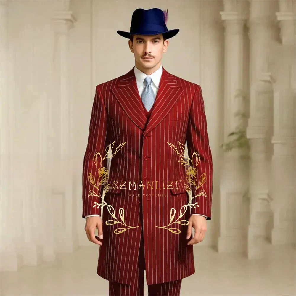 

Формальные свадебные мужские костюмы, смокинг для жениха, модный бордовый полосатый длинный бальзер, комплекты для выпускного вечера, ужина, мужской костюм (куртка + жилет + брюки)