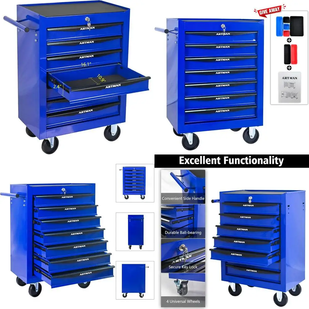 

20 металлических сундуков для инструментов с 7 ящиками и направляющими для шарикоподшипников, черно-синий стальной органайзер для хранения