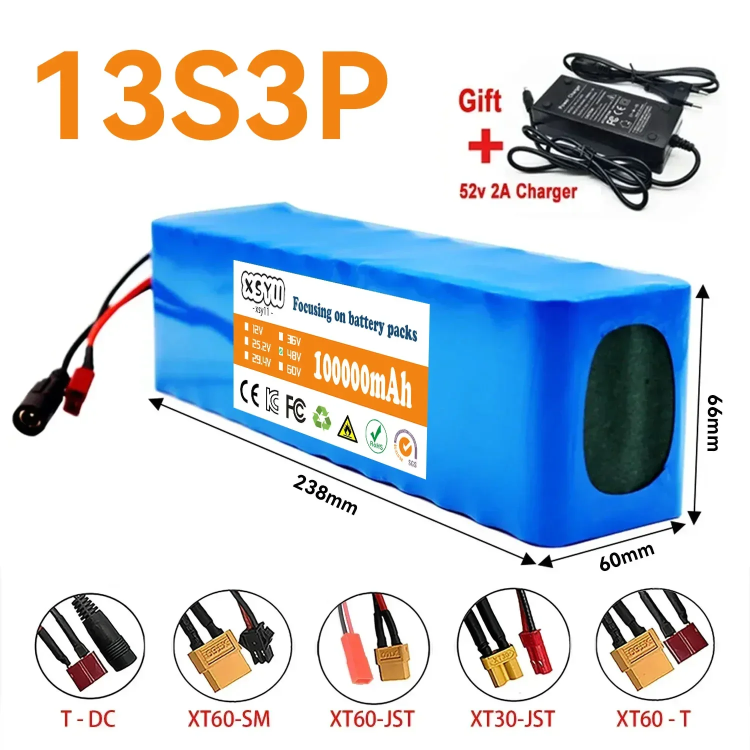 Paquete de batería de iones de litio 13S3P, 48V, 100000mAh, 100Ah, 1000W, con BMS + cargador de 54,6 V