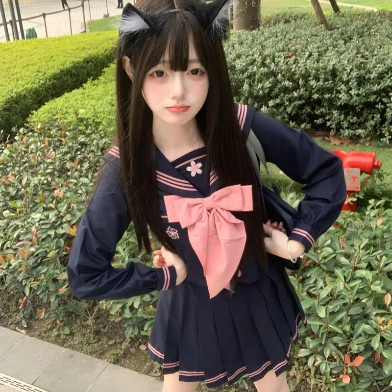 JK Uniform Sailor Suit Genuine Japanese College Style Basic Student Long-short-sleeved Suit Cyan Cute Role Play Summer Cyan