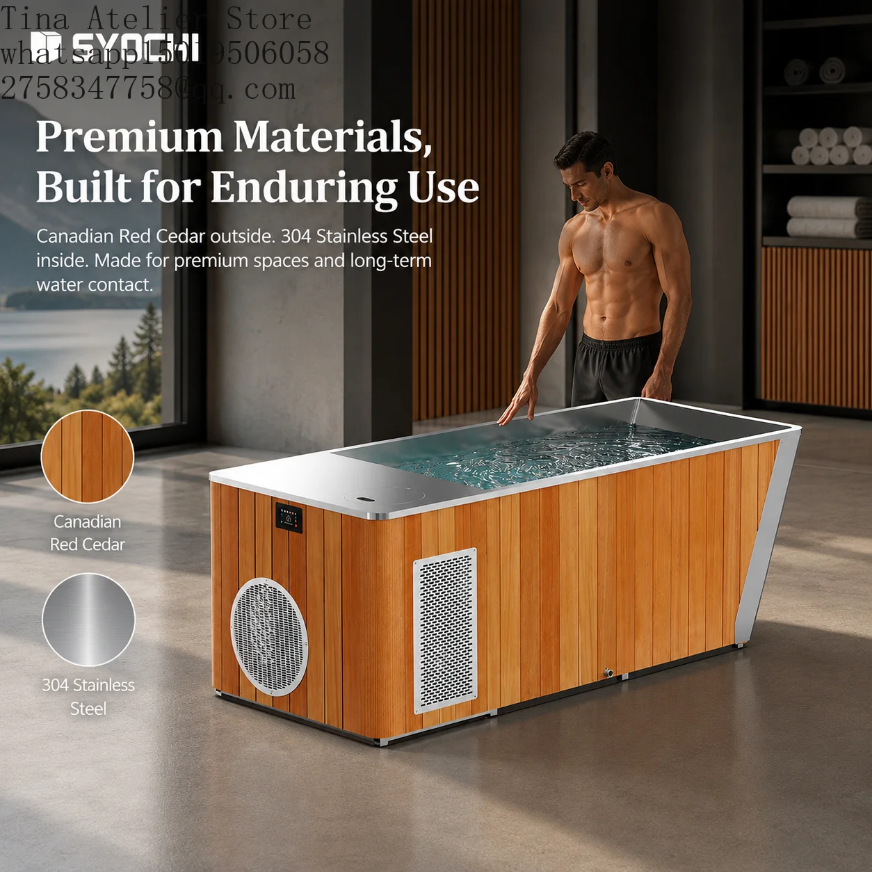 Commercial Ice Bath Cold Plunge with Built-in Water Chiller Cedar 304 Stainless Steel Ozone Filtration for Recovery