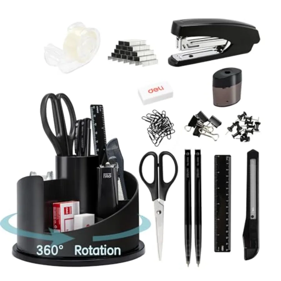 Office Supplies Set, 1045 Pcs-Desk Accessory Organizer Kit, Stapler Set, Rotating Multi-Functional Pen Holder, Tape Dispenser,