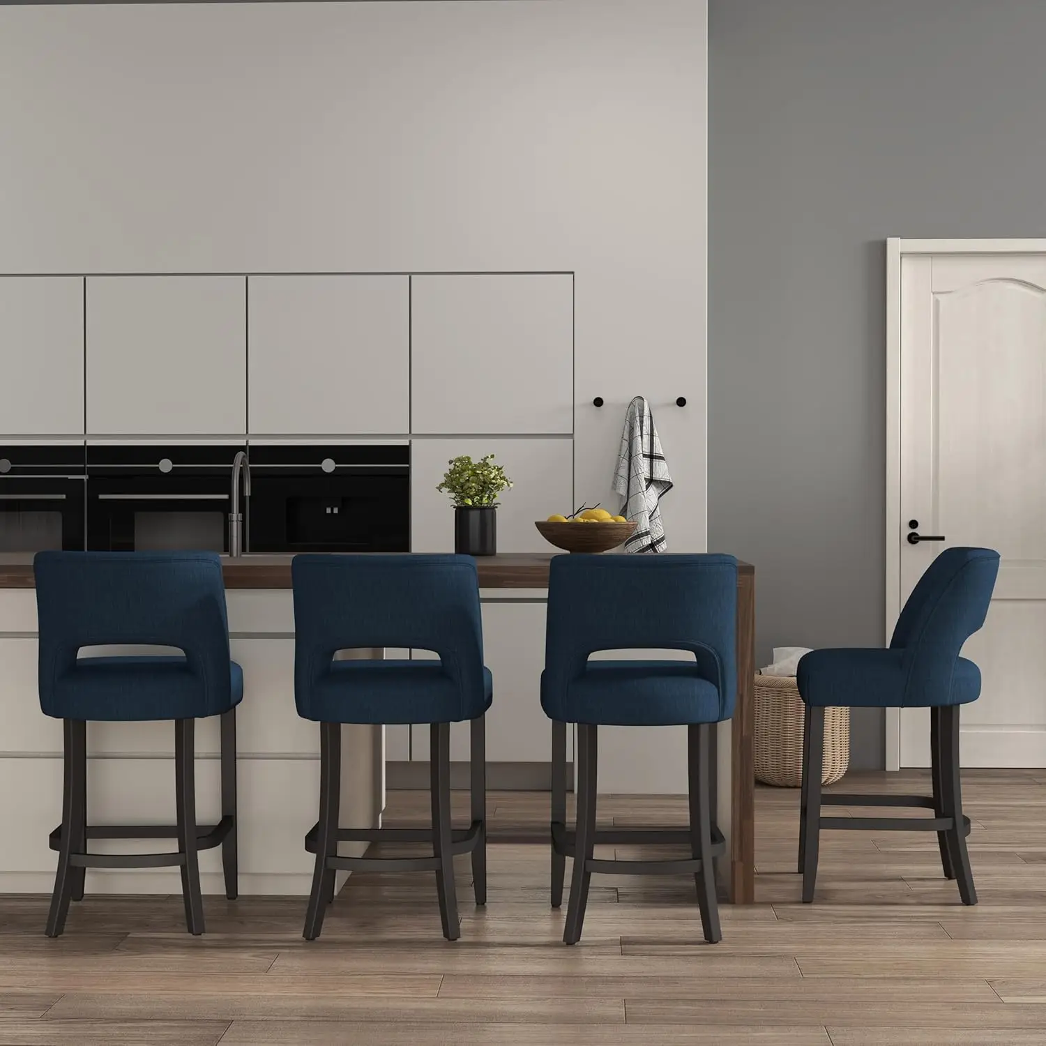 مجموعة مقاعد البار مكونة من 2، مقاعد حديثة منجدة بأرجل خشبية سوداء، وأرجل زرقاء وسوداء لجزيرة المطبخ #4