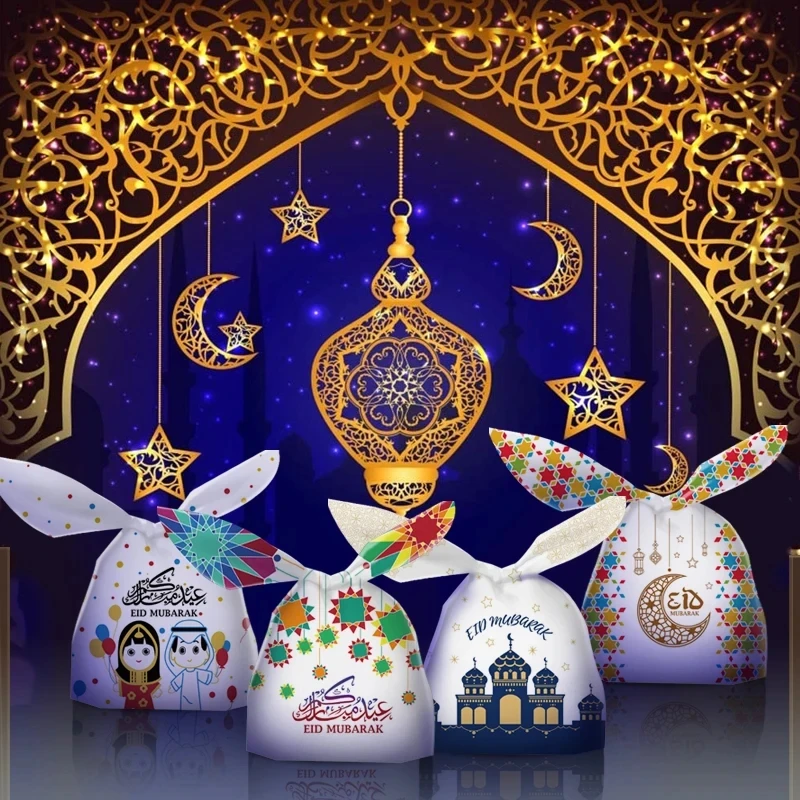 Sacs cadeaux de bonbons Eid Mubarak, emballage de strass oreilles de lapin, fournitures de fête musulmane islamique, Ramadan Kareem, décoration de