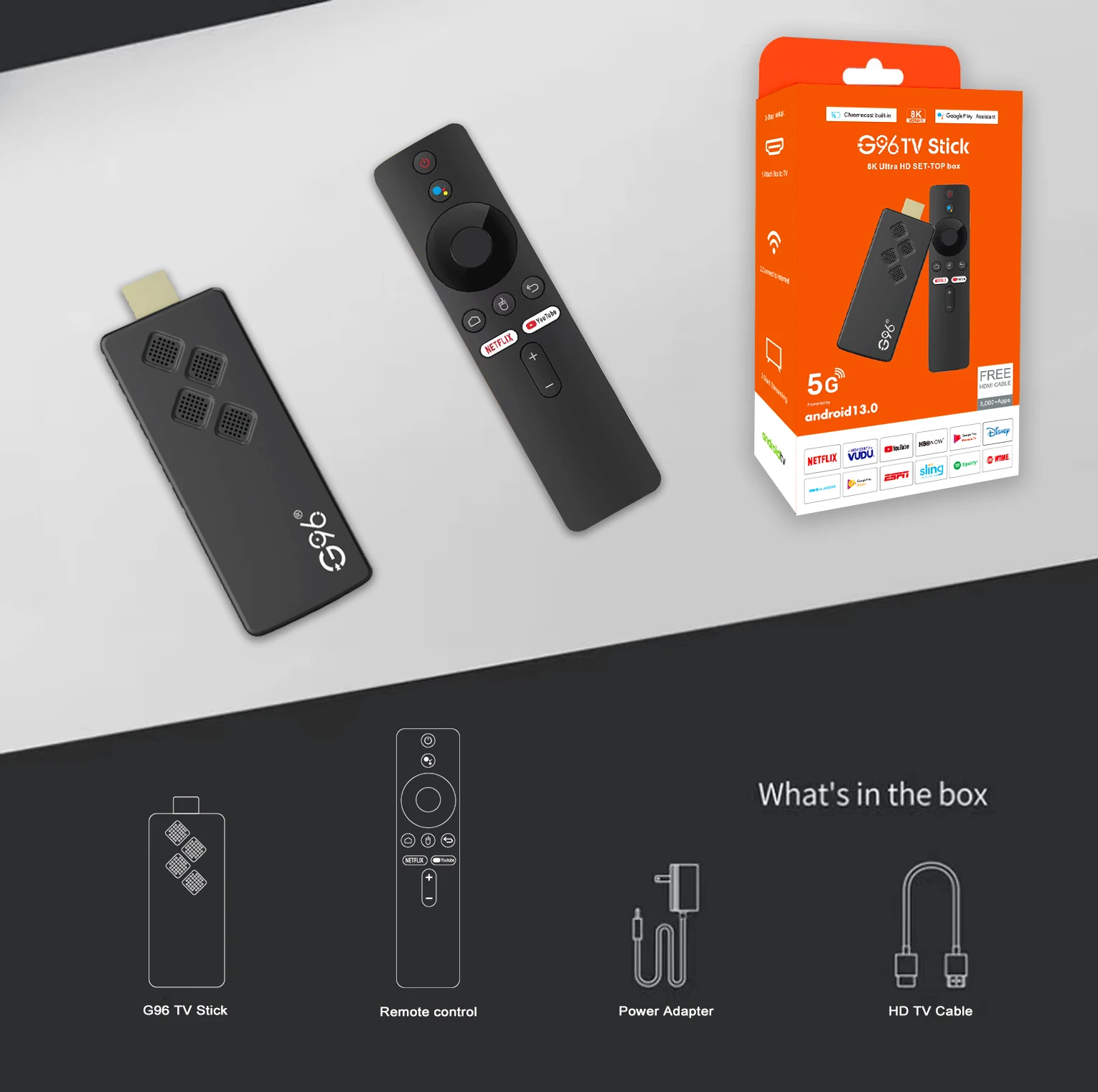 Q2 Android Smart TV Stick 4K HDR10 Google Assistant Dual 2.4G5GWIFI Netflix YouTube Multi Language Player Player