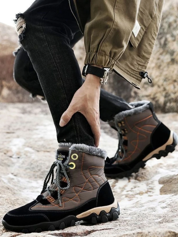 

​ Мужские зимние зимние ботинки - утолщенные водонепроницаемые противоскользящие высокие уличные ботинки на флисовой подкладке для мужчин, теплая зимняя обувь ​