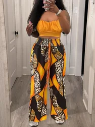 LW Plus Size Two-Piece Outfit Ruched Crop Top Leopard Print Wide Leg Pants Set summer sleeveless solid tank + loose trousers set