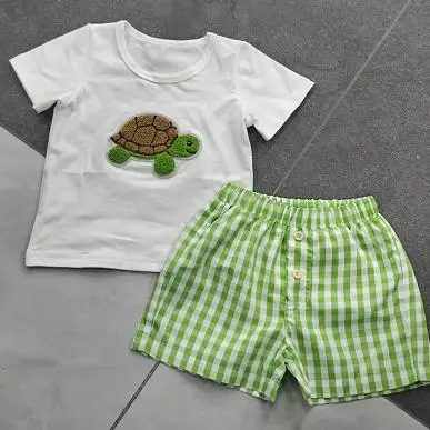 

Baby Boys Casual Shorts Set Short Sleeve Turtle Embroidery T-Shirt Plaid Shorts Toddler Boys 2 Piece Outfits Set
