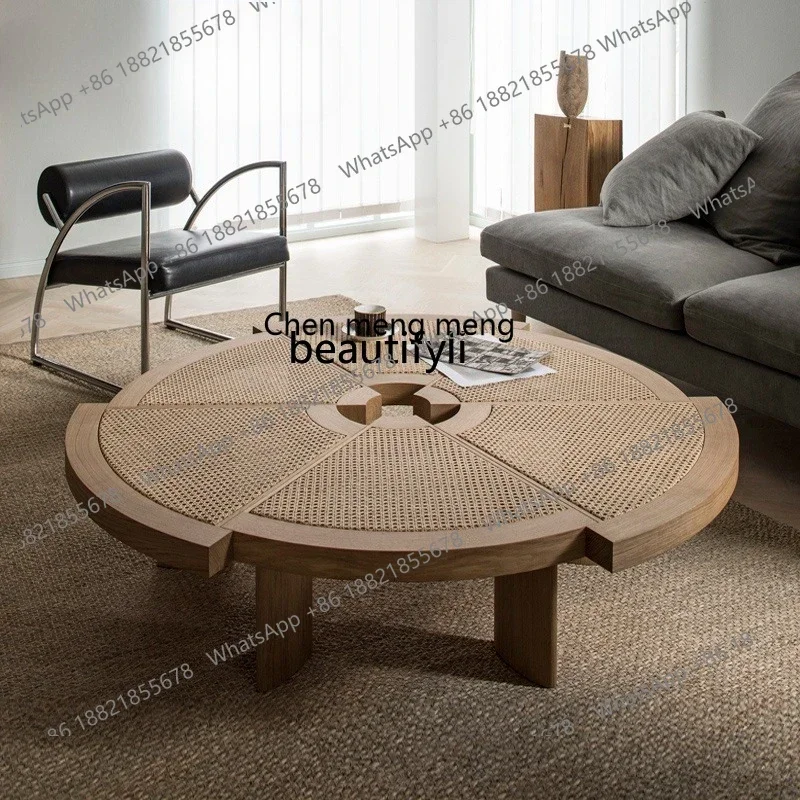 

New arrive Japanese retro creative polygonal cherry solid wood rattan coffee table round low table small apartment living room