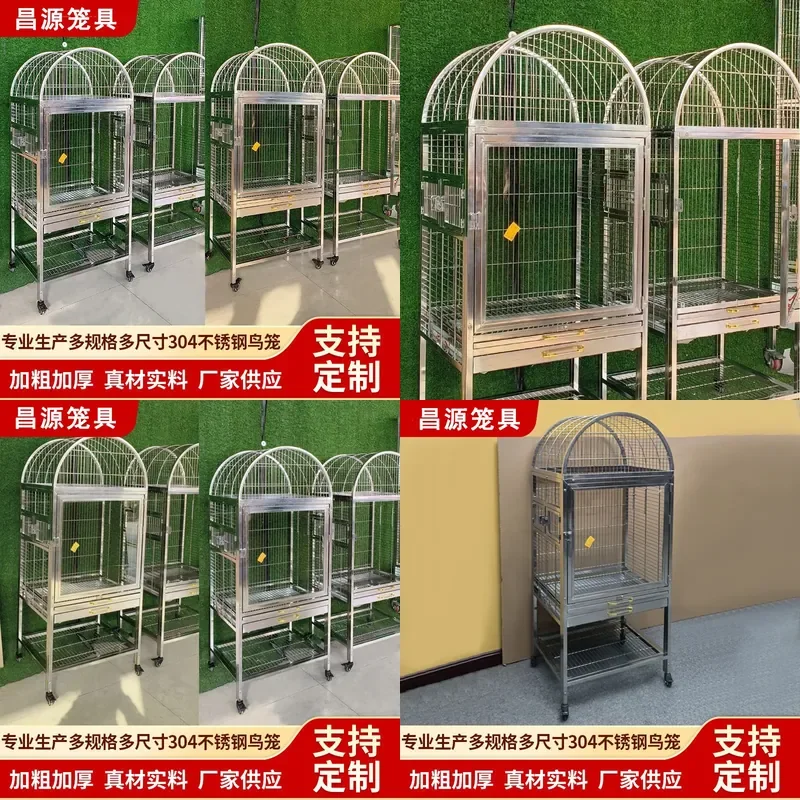 For Parrot Large Bird Cage 304 Stainless Steel European Style Indoor Household Front Tempered Glass Durable Easy Clean