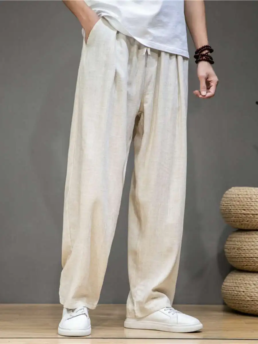 

New Men's Cotton Linen Pants Summer Casual Loose Wide Leg Straight Spor Trousers Harajuku Sle mid Waist Long Trousers