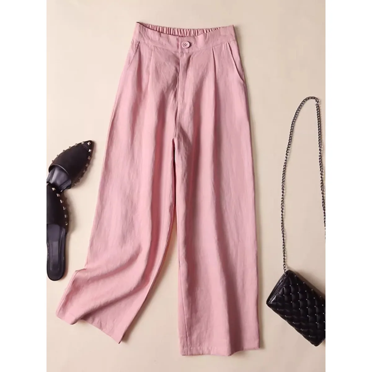 High Waist Wide Leg Pants Women's Summer New Style Draped Cotton Linen Nine Points Thin Straight Casual Suit Trousers Trendy