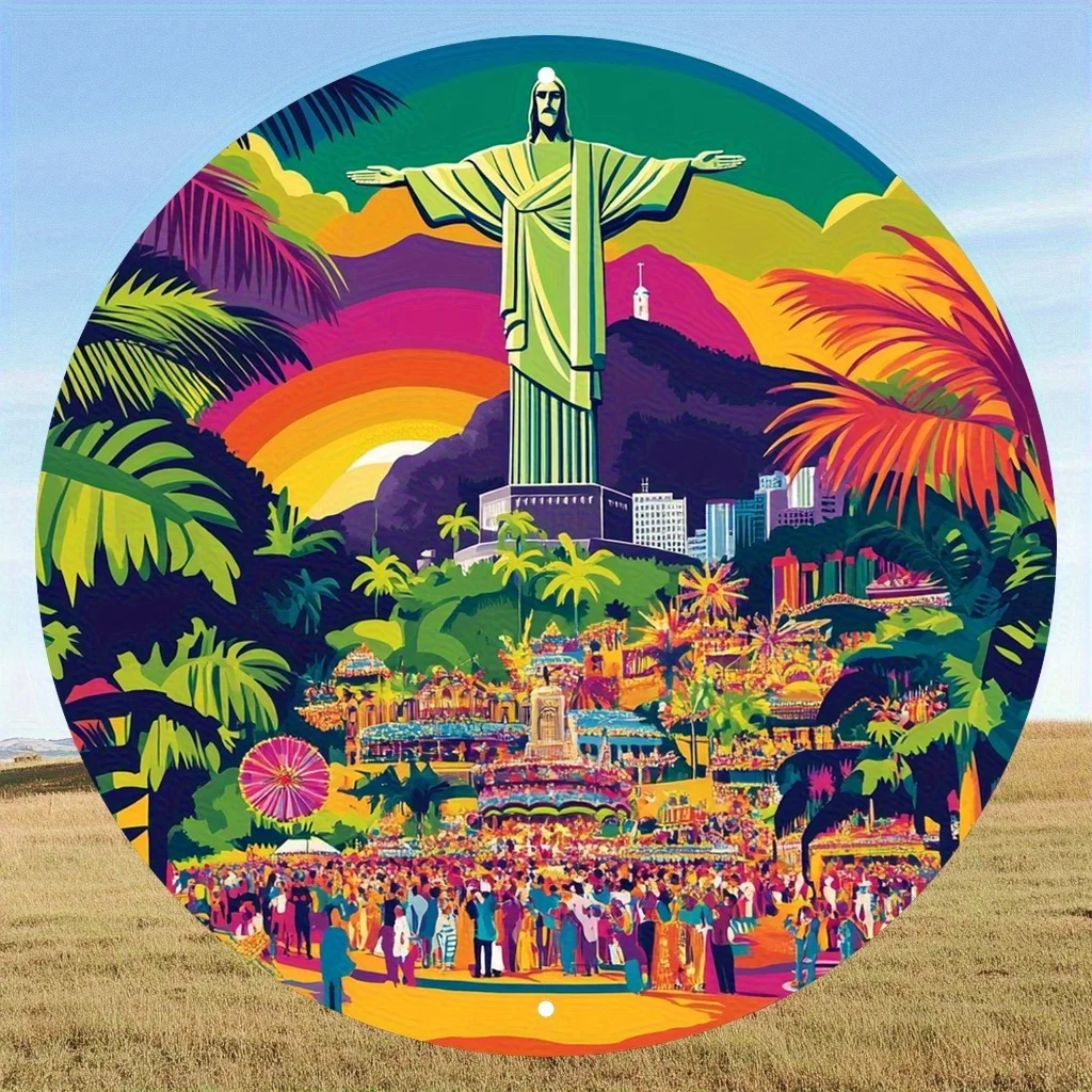 1 Stück 2D Flachdruck Metallschild - Lebendiges Rio-Karneval-Metallschild - Runde Leinwand-Wandkunst mit Christusstatue & Festlicher Szene, Perfekt