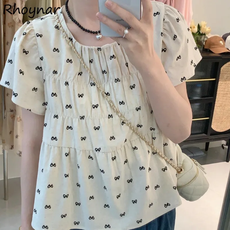 Printed Shorts Sleeve Blouse Women Summer Sweet Lovely Girls Students Bow O-neck Pleated Loose Cozy Streetwear Ulzzang Fashion