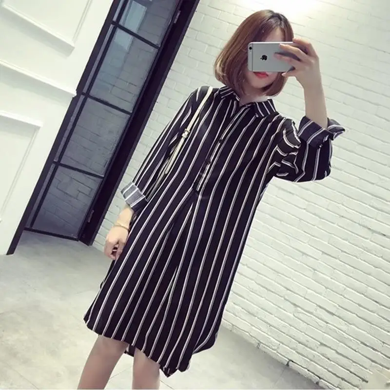 Long Sleeve Striped Printed Shirt Dress Female 2023 Simple All-match Turn-down Collar Fashion Chiffon Dresses Women's Clothing
