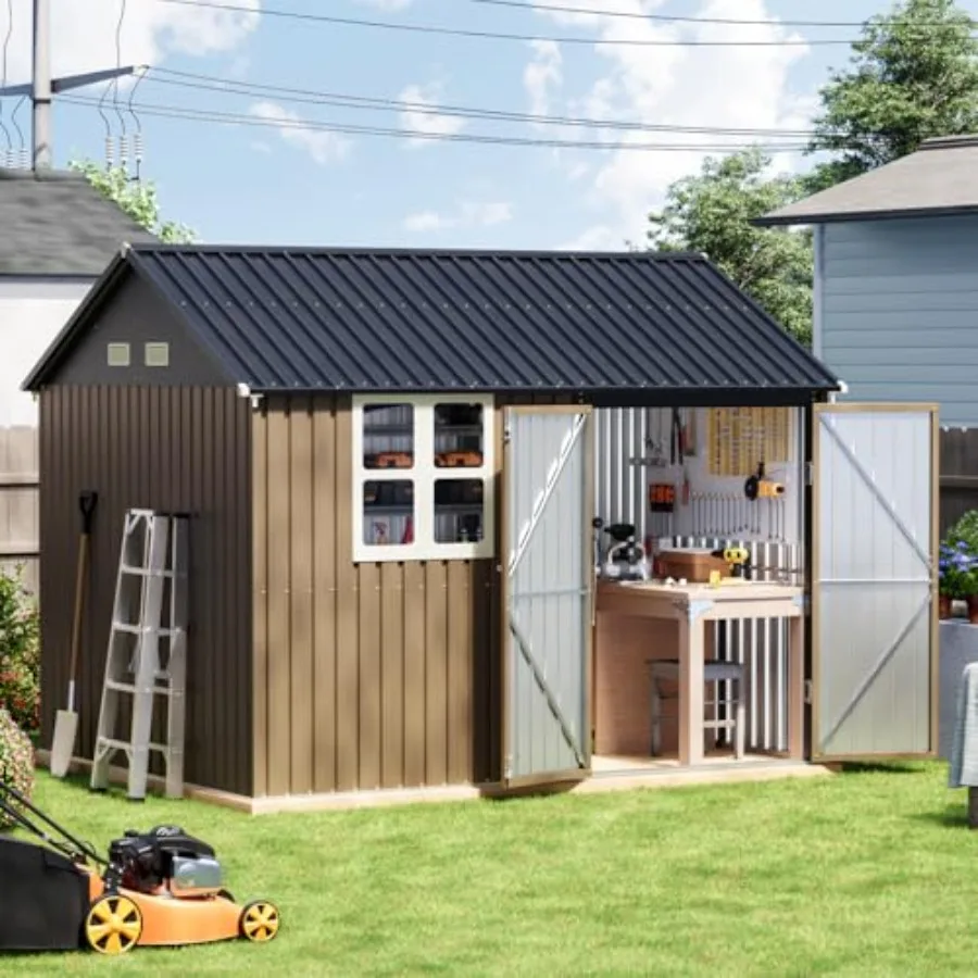 

8x10 FT Outdoor Metal Storage Shed Single Door with 1 Clear Window for Garden Patio Backyard Brown Metal Storage Solution