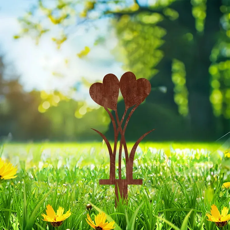 1pc Rustic Heart-Shaped Metal Garden Stakes - Weathered Red Finish, Decorative Flower Pot Accents for Courtyard, Balcony