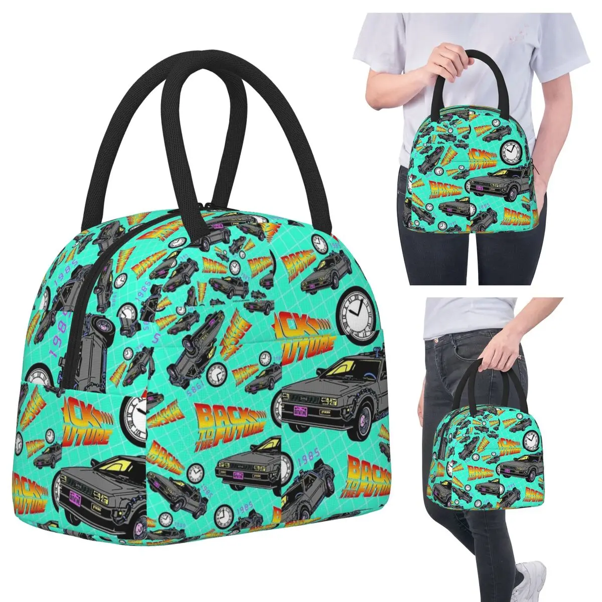 

Назад в будущее, сумки для обеда с узором DeLorean, изолированная коробка для бенто, портативная сумка для обеда, герметичные сумки для пикника, сумка-холодильник