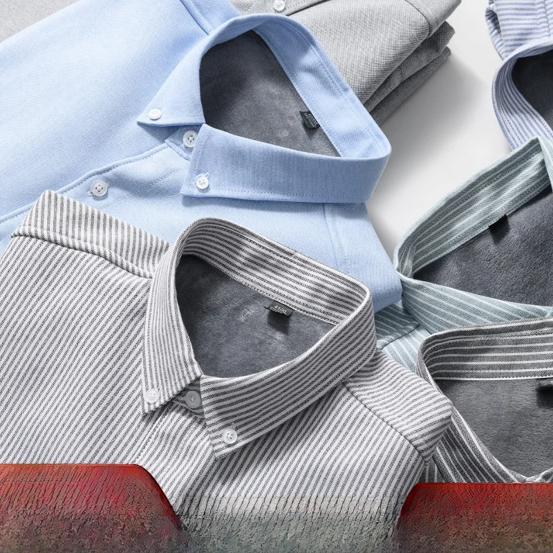 

Мужская теплая рубашка с длинным рукавом, на флисовой подкладке, в полоску, из чистого хлопка, приталенного кроя, на пуговицах, для повседневной носки
