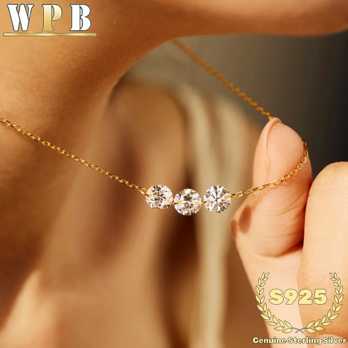 

‌Genuine S925 Sterling Silver Dainty Sliding Necklace 3 Sparkling Zircon Stones(4/5/6) Luxury Layered Jewelry for Men and Women