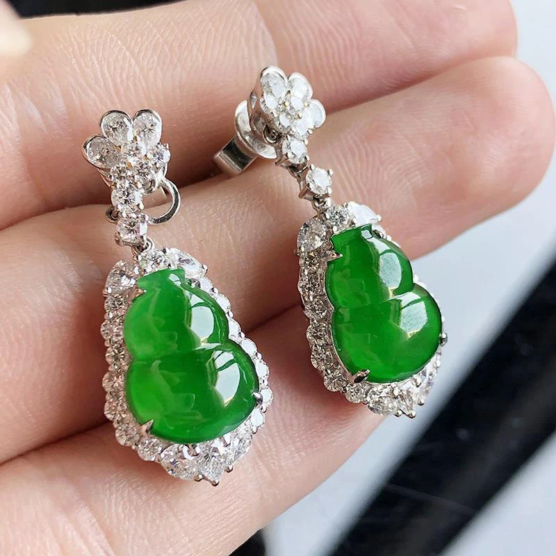 New natural high ice transparent glass emperor green gourd earrings elegant charm creative retro female silver jewelry