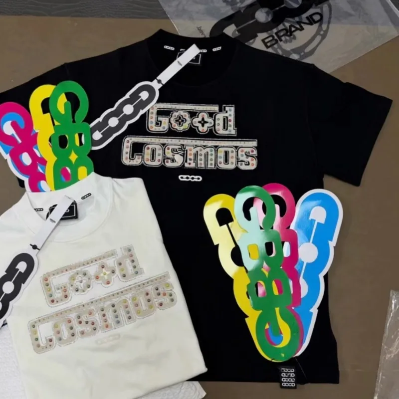 

Summer GOODBRAND Tshirts Patch Embroidery Colorful Rhinestone Letter White Black Round Neck Short Sleeve Men Women Streetwear