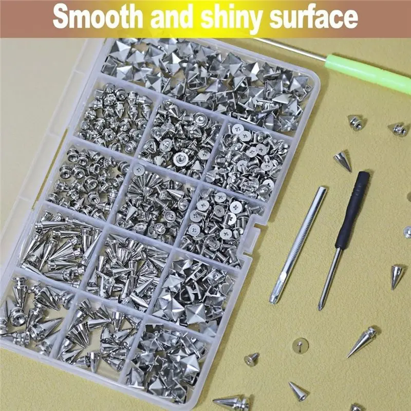B23B Punk Studs And Spikes Kit- 593 Sets Includes Square Pyramid& 8 Size Cone Spikes For Clothing, Leather DIY Crafts